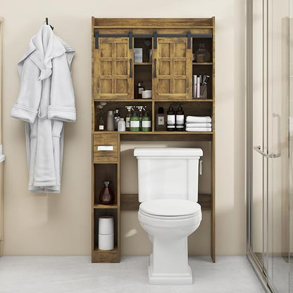 Over The Toilet Storage Cabinet, Farmhouse Storage Cabinet Over Toilet with Sliding Doors，Home Space-Saving Toilet Rack, for Bathroom, Restroom, Laundry. Brown
