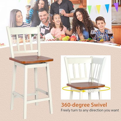 COSTWAY Bar Stools Set of 2, 24.5 Inch Rubber Wood Bar Chairs with 360°Swiveling, Footrest, Swivel Counter Height Barstools Ideal for Kitchen Island, Counter, Pub or Bar (2, White)