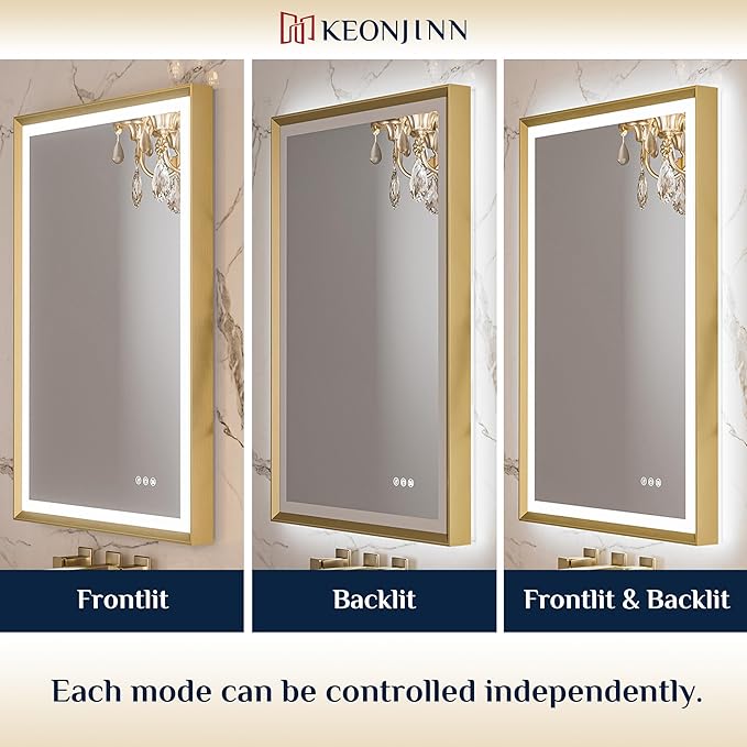 Keonjinn 30 x 36 Inch Gold LED Mirror for Bathroom, Frontlit & Backlit Framed Mirror with Stepless Dimmable Tricolors, Anti-Fog, UL-Listed LED Driver, Brighter and No Dark Corner