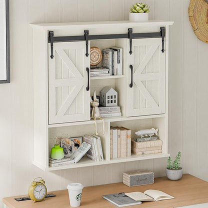 Vabches Bathroom Wall Cabinet, Farmhouse Medicine Cabinet with Double Sliding Barn Door and Adjustable Shelves, Wooden Vintage Storage Cabinet Wall Mounted for Bathroom, Kitchen Dining, White
