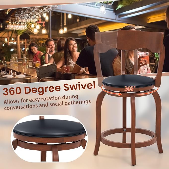 COSTWAY Bar Stools Set of 2, 24 Inch Swivel Counter Height Chairs with Rubber Wood Frame, Upholstered Seat, High Back Barstools for Kitchen Island, Home Bar, Pub, Brown (2, Seat Height: 24”)