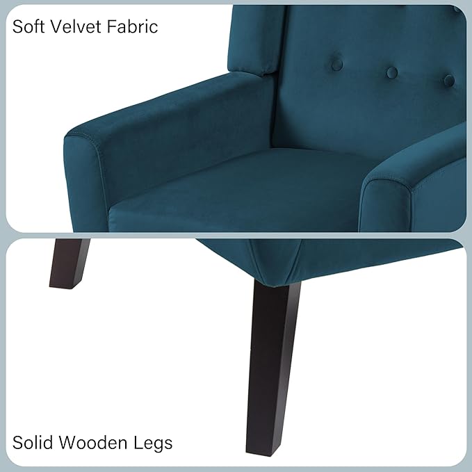 Accent Chair, Mid-Century Modern Velvet Fabric Chairs with Arms for Living Room, Comfy Upholstered Club Single Sofa Armchair for Bedroom Waiting Room with Solid Wood Frame (Velvet Blue, Set of 1)