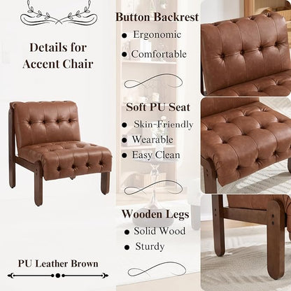 HEAH-YO Accent Chair Set of 2,Modern Vintage Living Room Chair for Bedroom with Button Tufted Back and Wood Legs,Upholstered Comfy Reading Chair for Makeup Vanity Cafe,PU Brown