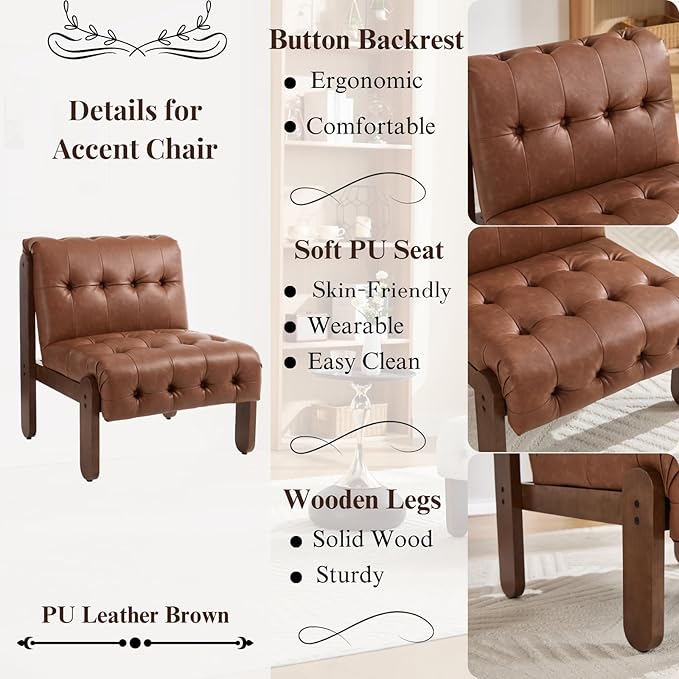 HEAH-YO Accent Chair Set of 1,Modern Vintage Living Room Chair for Bedroom with Button Tufted Back and Wood Legs,Upholstered Comfy Reading Chair for Makeup Vanity Cafe,PU Brown