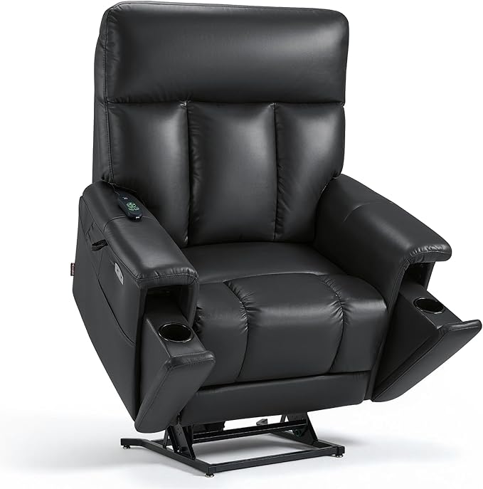 MCombo Heavy Duty Lift Chair for Elderly, Extra Wide Dual Motor Power Lift Recliner 450lbs with Hidden Cup Holders, USB Charging, Breathable Faux Leather R7777 (Black)