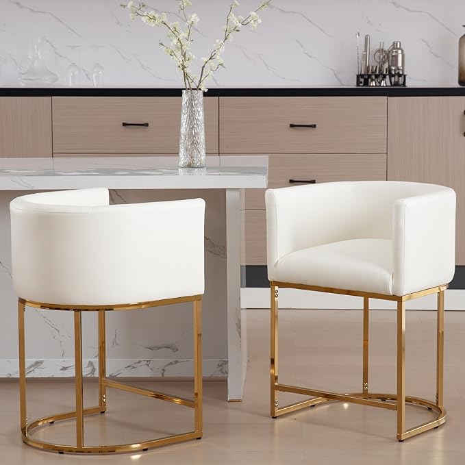 PU Leather Bar Stools Set of 3, Modern Upholstered Counter Height Bar stools 24" Leather Barstools Barrel Kitchen Counter Island Stools with Golden Metal Base, White