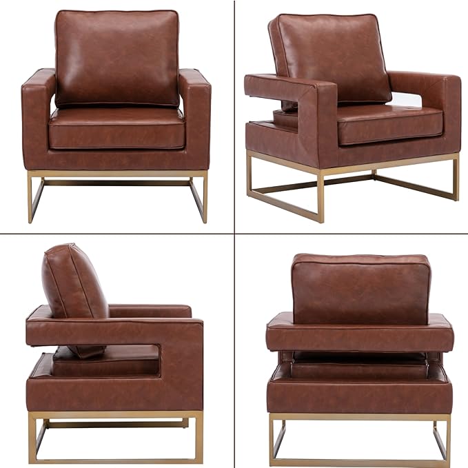 Modern Accent Chair, PU Leather Upholstered Side Chair with Backrest, Comfy Armchair Side Chair with Golden Metal Base for Living Room Reception Room, 1PC, Brown