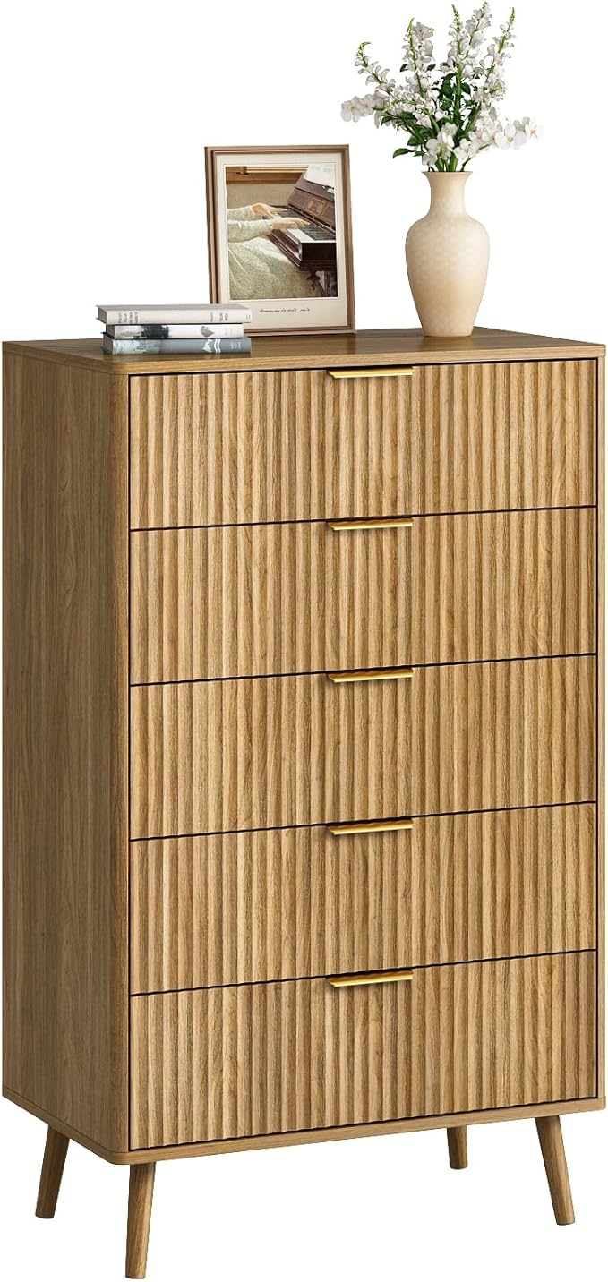 CARPETNAL Fluted 5 Drawers Dresser for Bedroom, 45" Tall Wooden Chest of Drawers with Rounded Corners, Gold Handles, Modern Storage Organizer for Bedroom, Hallway (Walnut)