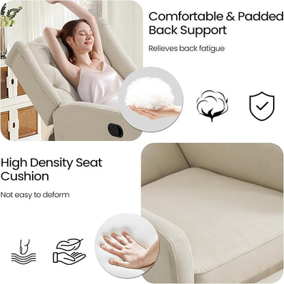 360 Swivel Rocker Recliner Chair for Adults, Nursery Chair for Small Spaces Living Room, Upholstered Fabric Glider Recliner, Lvory