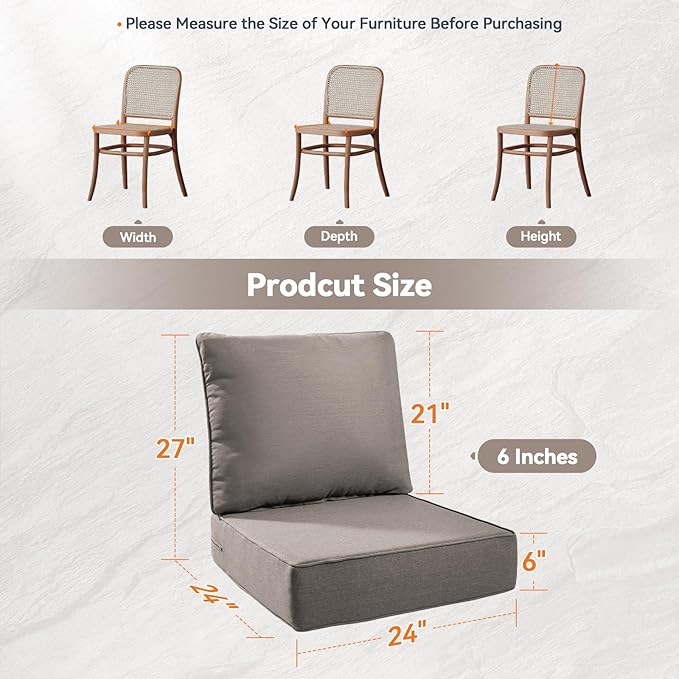 Luxury 6" Outdoor Cushions for Patio Furniture, 24x24x6 Thick Seat Cushion Set, Fade Resistant Couch Chair Replacement Cushions High Density Deep Wicker Chair Cushion with Removable Cover Gray