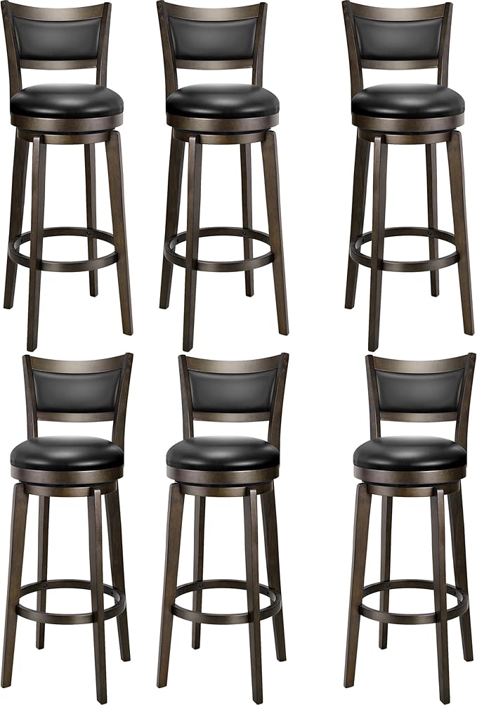 PrimeZone Swivel Bar Stools Set of 6, 34 Inch Extra Tall Bar Height Barstools, Black Faux Leather Bar Stool with High Backrest, Solid Wood Leg, Wrap-Around Footrest, Counter Stools for Pub
