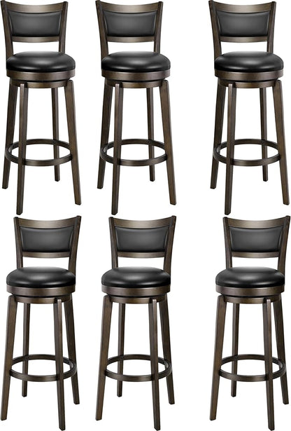 PrimeZone Swivel Bar Stools Set of 6, 34 Inch Extra Tall Bar Height Barstools, Black Faux Leather Bar Stool with High Backrest, Solid Wood Leg, Wrap-Around Footrest, Counter Stools for Pub