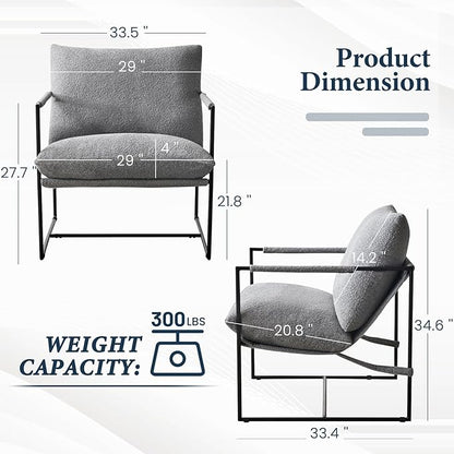 Furnilivng Large Sling Accent Chair Set of 2, Comfortable Boucle Fabric Arm Chair, Upholstered Cozy Reading Chair for Living Room, Bedroom, Dressing Room, Home Office, Grey