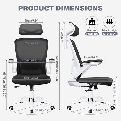 Ergonomic Office Chair, Computer Desk Chair Comfy with Adjustable Headrest, Lumbar Support, Flip-up Armrests, Gaming Chairs for Long Hours, White