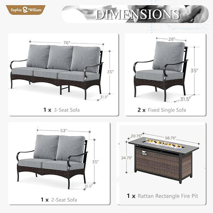 Sophia & William Patio Furniture Set with Fire Pit Table, 5 PCS Metal Outdoor Conversation Set with Fire Pit Table, 2 Sofa Chairs,1 Loveseat, 3-Seater Couch for Outdoor Seating, Backyard, Porch(Grey)