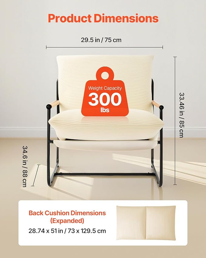 VEVOR Accent Chair, Metal Framed Chair with Wooden Armrests, Modern Cozy Upholstered Armchair, with Soft Foam Cushioning, Detachable Cushion, for Living Room, Bedroom, Reading Room, Office, Beige