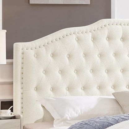 24KF Upholstered Button Tufted Queen Headboard with Nailhead Trim, Elegant Boucle Fabric Full headboard, 6031-Q-Boucle-Ivory