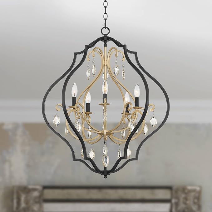 Clara Black Soft Gold Iron Pendant Chandelier 26 1/2" Wide French Amber Crystal 5-Light Fixture for Dining Room House Home Foyer Entryway Kitchen Bedroom Living High Ceiling - Barnes and Ivy