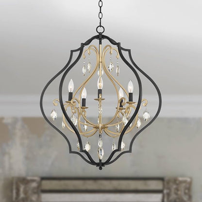 Clara Black Soft Gold Iron Pendant Chandelier 26 1/2" Wide French Amber Crystal 5-Light Fixture for Dining Room House Home Foyer Entryway Kitchen Bedroom Living High Ceiling - Barnes and Ivy
