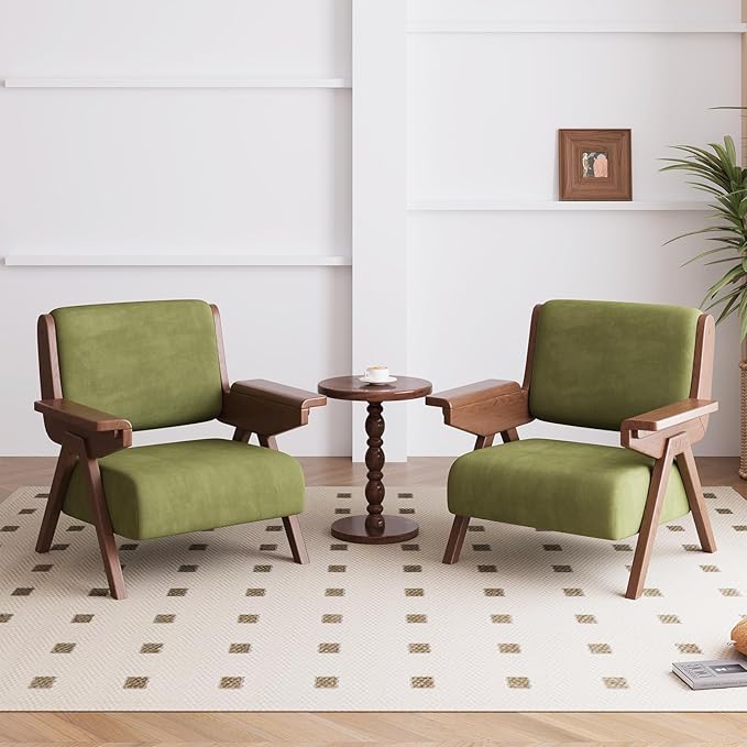 Mid Century Modern Accent Chair, Fabric Upholstered Lounge Arm Chair with Solid Wood Frame for Living Room, Bedroom, Office, Reading Corner (Green)