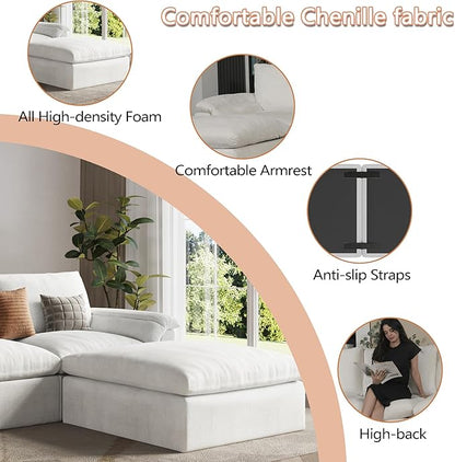 EASE MOOSE Boneless Modular Cloud Couch, Oversized L-Shaped Sectional Sofa for Living Room with Ottoman, Extra Large Movable Couches, 6-Deep-Seat Sofas for Bedroom, Apartment, Chenille (White)