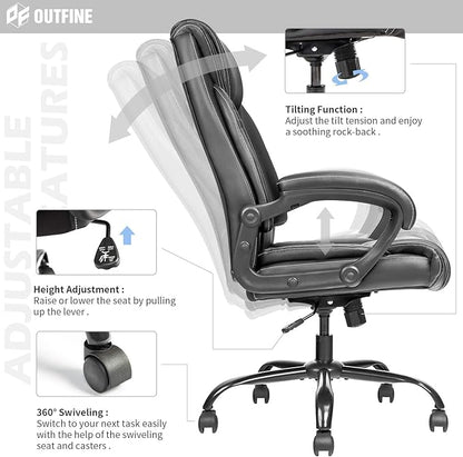 OUTFINE Office Chair Executive Office Chair Desk Chair Computer Chair with 5-Year hydrolysis-Resistant Leather Spring Cushion Ergonomic Support Tilting Function Upholstered in Bonded Leather Black