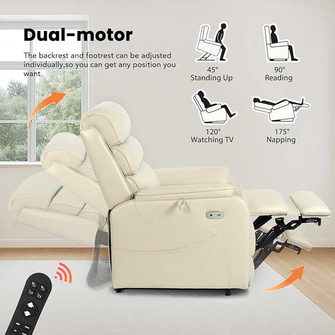 EONIX Dual Motor Lay Flat Power Lift Recliner Chair for Elderly, Breathable Leather Electric Lift Chairs for Adults, 400lbs Heavy Duty Power Recliner with Heat and Massage, SLRY003061, Cream White