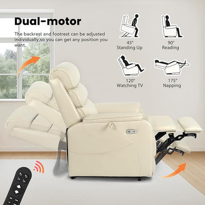 EONIX Dual Motor Lay Flat Power Lift Recliner Chair for Elderly, Breathable Leather Electric Lift Chairs for Adults, 400lbs Heavy Duty Power Recliner with Heat and Massage, SLRY003061, Cream White