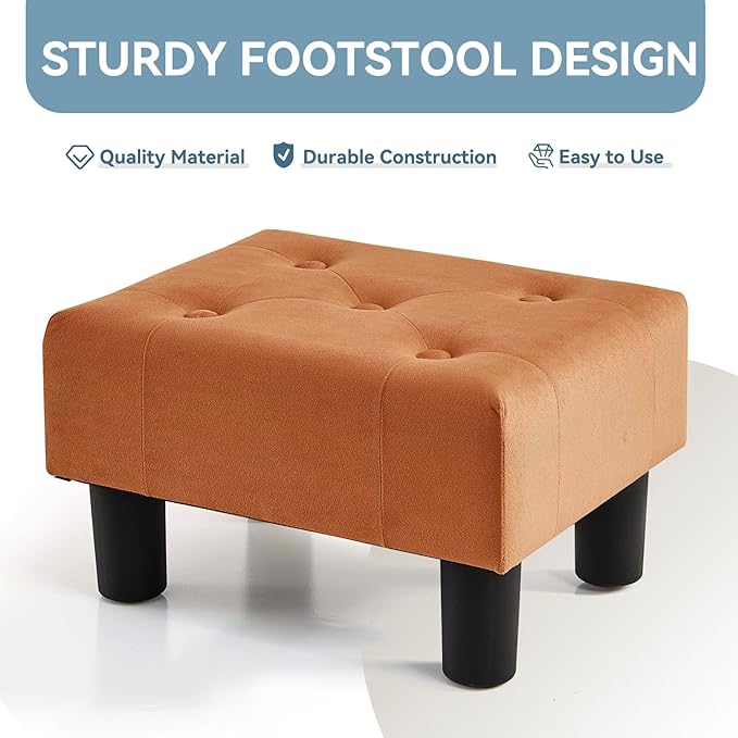 Poofzy Small Foot Stool Ottoman, Velvet Ottoman Foot Rest with Legs, Rectangle Foot Rest for Couch, Footstools and Ottomans Small for Living Room and Entryway (Orange)