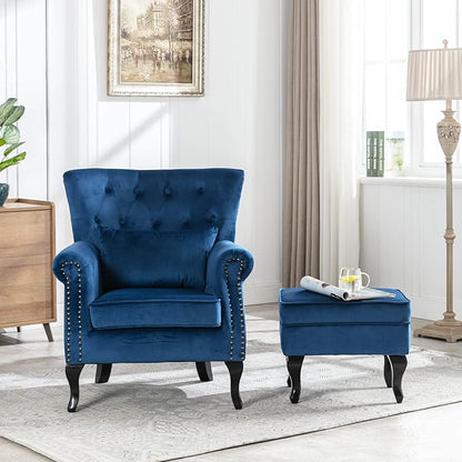 Mid Century Modern Accent Chair Upholstered Armchair Comfy Velvet Tufted Wingback Single Sofa with Ottoman for Bedroom Living Room, Blue