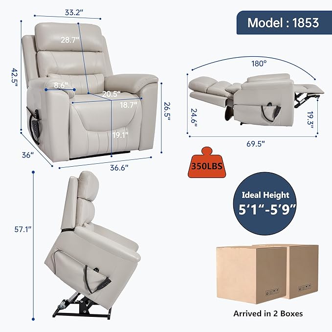 Power Lift Recliner Chair for Elderly People, Dual Motor Lay Flat Recliner with Vibration Massage and Heat, Heavy Duty Motion Mechanism Standing Assistance Reclining Chair, Faux Leather Light Gray