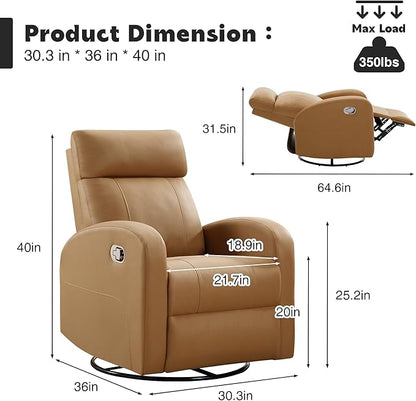 Swivel Rocker Recliner Chair, Manual Leather Recliner, Glider Rocking Recliner Chair 360°Swivel Nursery Reclining Chair for Living Room, Light Brown