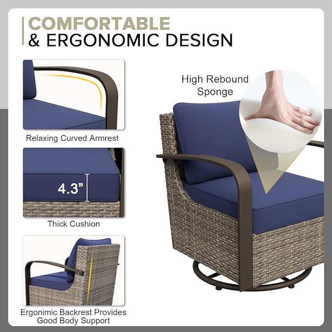 COOS BAY Aurora Terrace Half-Moon Outdoor Furniture Set, Rattan Conversation Set with Swivel Rockers, Curved 5-Seat Sofa, Coffee Table & Side Table, Seats 7, Beige/Blue