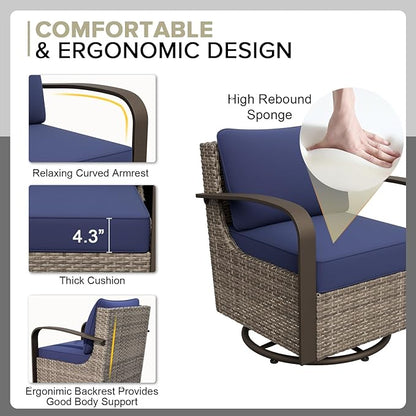 COOS BAY Aurora Terrace Half-Moon Outdoor Furniture Set, Rattan Conversation Set with Swivel Rockers, Curved 5-Seat Sofa, Coffee Table & Side Table, Seats 7, Beige/Blue