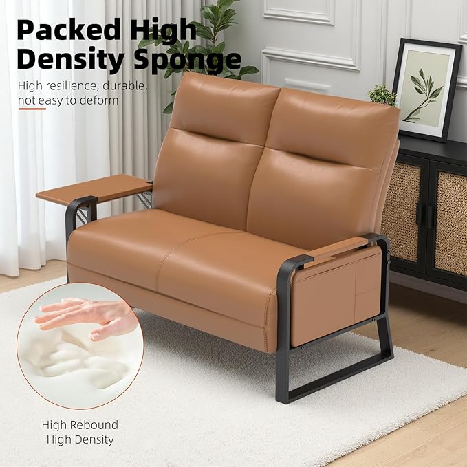 Faux Leather Loveseat, Upholstered Loveseat with Side Tray Table & Storage Pocket, Small Loveseat for Living Room, Modern 2 Seater Sofa Couch for Small Spaces, Bedroom, Brown