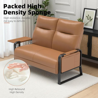 Faux Leather Loveseat, Upholstered Loveseat with Side Tray Table & Storage Pocket, Small Loveseat for Living Room, Modern 2 Seater Sofa Couch for Small Spaces, Bedroom, Brown