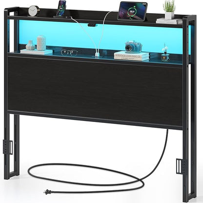 Rolanstar Headboard for Full Size Bed with Storage, 60,000 DIY Color of LED Light, Head Board with USB & Type C Port, Height Adjustable, Black Cabeceras de Cama Comfortable Modern, Wood