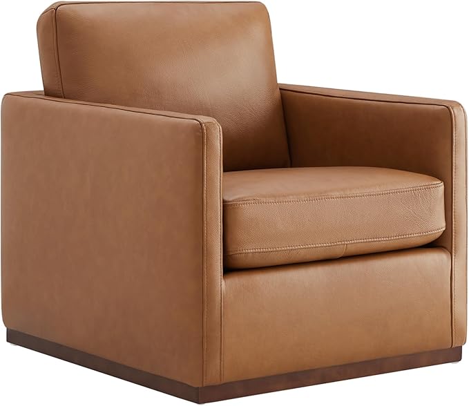 CHITA Genuine Leather Swivel Accent Chair, FSC Certified Mid Century Modern Arm Chair for Living Room and Bedroom, Fully Assembled, Saddle