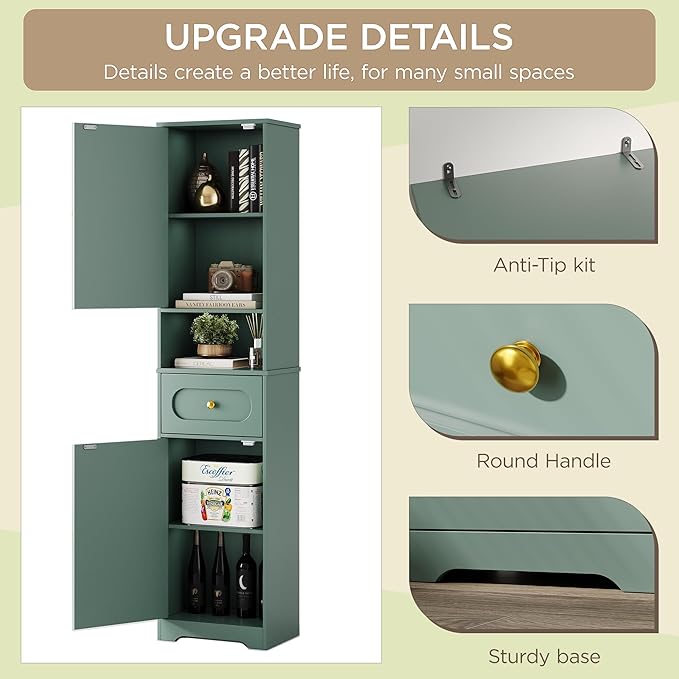 Maupvit 65" Tall Bathroom Storage Cabinet, Narrow Storage Cabinet with 2 Doors and Drawer, Bathroom Organizers with Adjustable Shelves for Living Room, Entryway, Green