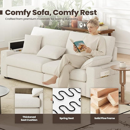 89" Loveseat Sofa, Cloud Foam Couch, 3 Seater Upholstered Midcentury Mondern Love Seat with USB Type C Ports, 4 Pillows and Flip-Open Storage Armrest for Living Room/Small Spaces, Beige