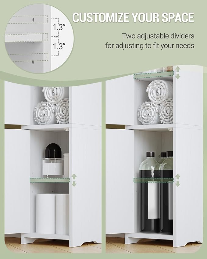 Bathroom Storage Cabinet, Corner Floor Cabinet with 2 Doors and Adjustable Shelf, Narrow Toilet Paper Cabinets, Bathroom Organizer for Small Spaces, 7.9" D x 7.9" W x 29.5" H White