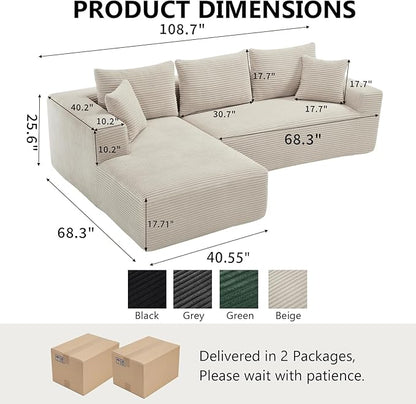 PELUMY 108.7" L-Shaped Modular Sectional Sofa with Oversized Chaise, Cloud Couch with Memory Foam, No Assembly Required Sleeper Sofa for Small Space Living Room, Apartment (Beige, Corduroy)
