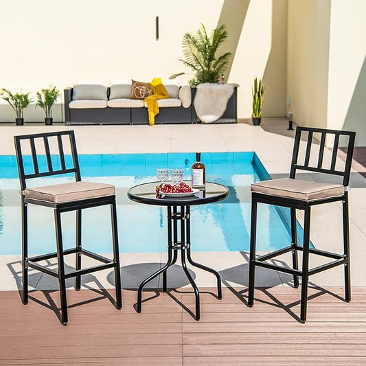 COSTWAY 2 PCS Patio Bar Chairs, Heavy-Duty Metal Frame Bar Stools Set of 2, Indoor Outdoor All-Weather Resistant Barstools with Detachable Cushion & Footrest, for Patio, Garden, Poolside
