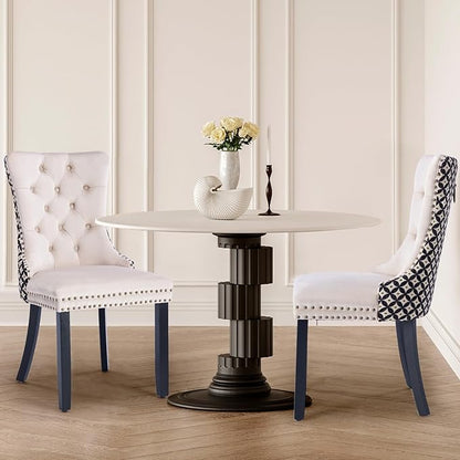Velvet Upholstered Dining Chairs Set of 2, Modern Style Kitchen Side Chairs with Nailhead Trim and Wood Legs,Metal Pulling Ring for Dining Room Living Room(Quadrangular Star&Beige)