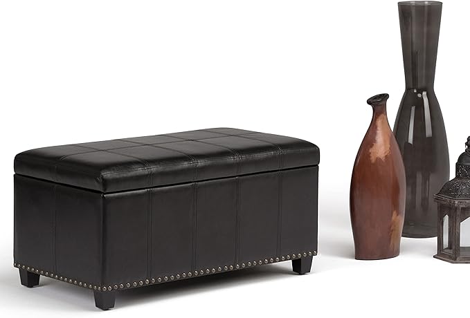 SIMPLIHOME Amelia 33 inch Wide Transitional Rectangle Storage Ottoman Bench in Midnight Black Vegan Faux Leather, Assembled, For the Living Room, Entryway and Family Room