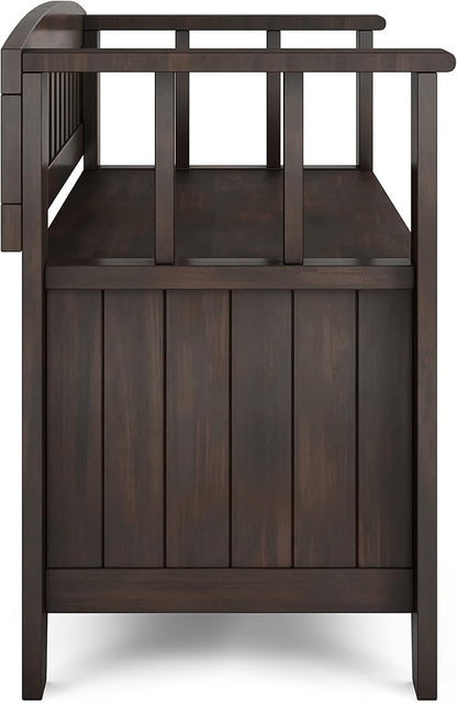 SIMPLIHOME Acadian Entryway Storage Bench - 36 inch Wide Solid Wood Small Hallway Seat in Brunette Brown, Transitional Bench for Mudroom with Lift-Up Lid, 2 Compartments and Slatted Backrest