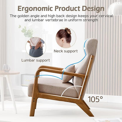 INZOY Mid Century Modern Accent Chair Set of 2, High Back Reading Armchair with Wood Frame, Upholstered Living Room Chairs with Waist Cushion, Single Lounge Arm Chair for Bedroom Sunroom, Beige