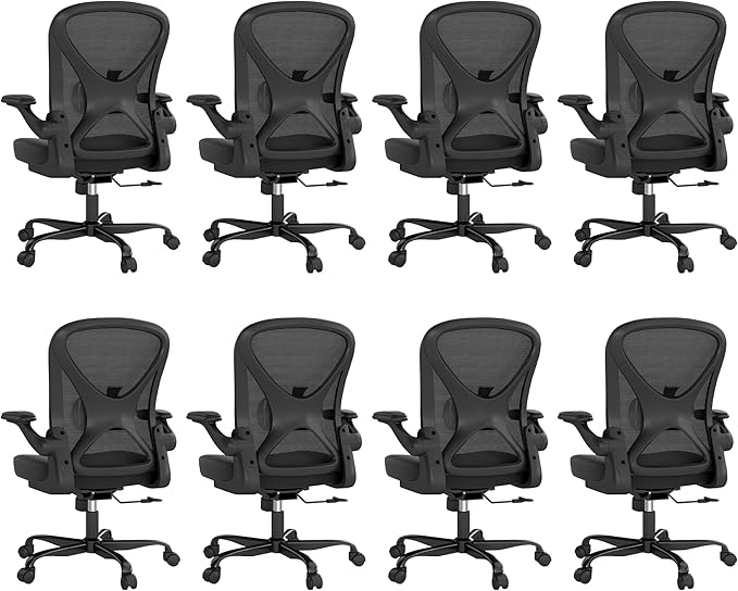 ZZH Ergonomic Office Chair Set of 8 with Adjustable Lumbar Support, Mesh Home Office Desk Chair with Wheels and Flip-up Arms, Black