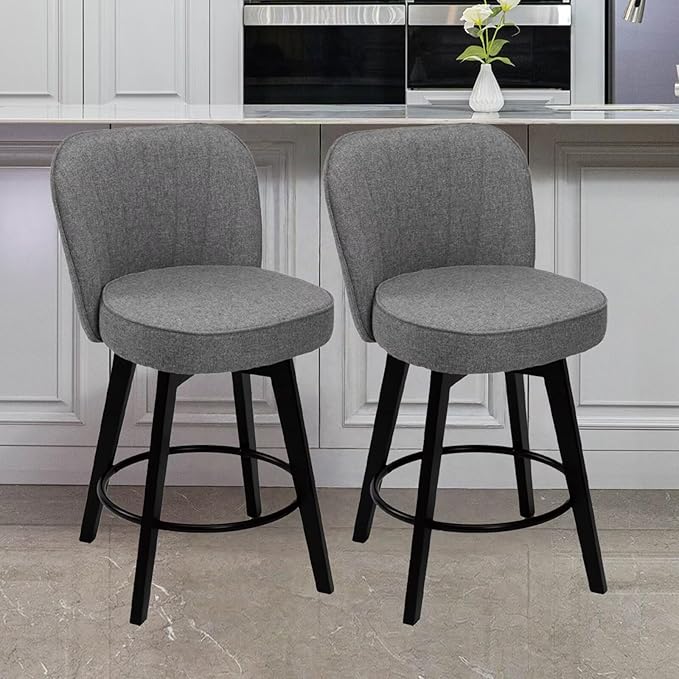 MINCETA Bar Stools Set of 2, 26 Inch Upholstered Barstools with Backrest and Footrest, Swivel Counter Height Barstools for Kitchen Island Home Bar Gray