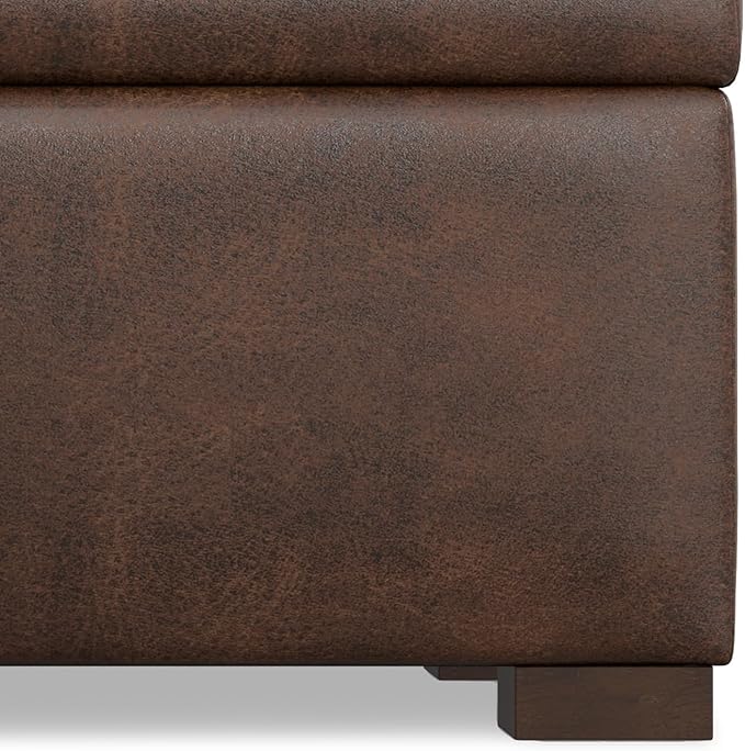 SIMPLIHOME Gabbie 48 inch Wide Contemporary Rectangle Rectangular Storage Ottoman in Distressed Chestnut Brown Vegan Faux Leather, Assembled, For the Living Room, Entryway and Family Room